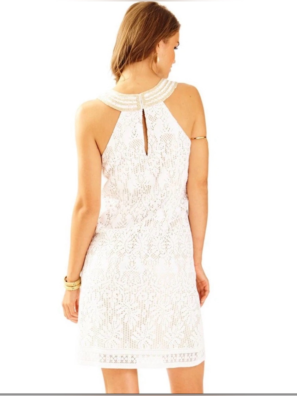 Lilly Pulitzer Calera Jungle White Lace Gold Beaded Shift Dress Size 4 - Picture 2 of 6